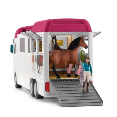 Carrinha transportadora de brinquedo com cavalo castanho e figura humana