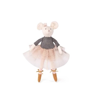 Boneco de peluche rato vestido de bailarina com saia de tule rosa e camisa às riscas preta e branca