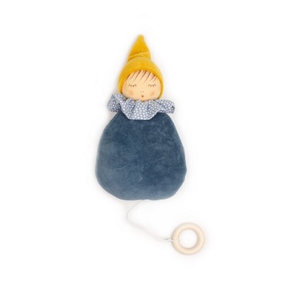 Boneca musical macia azul e amarela com rosto bordado e puxador de corda