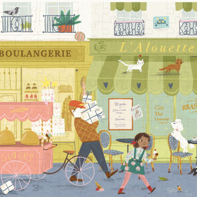 Ilustração de rua com lojas, carrinho de gelados, pessoas e animais num café