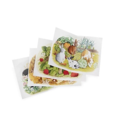 Postais ilustrados com coelhos e morangos sobre fundo branco