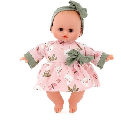 Boneca com vestido rosa com coelhos e faixa de cabelo verde