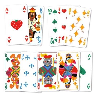Cartas de baralho coloridas com desenhos de animais e frutas