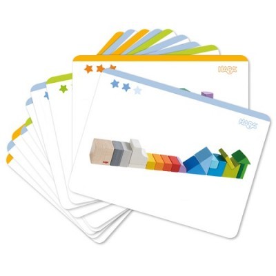Cartas educativas HABA com blocos de madeira coloridos e o logo HABA