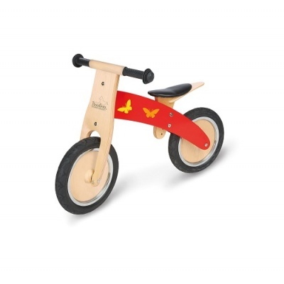 bicicleta infantil de equilíbrio vermelha e madeira com borboletas amarelas