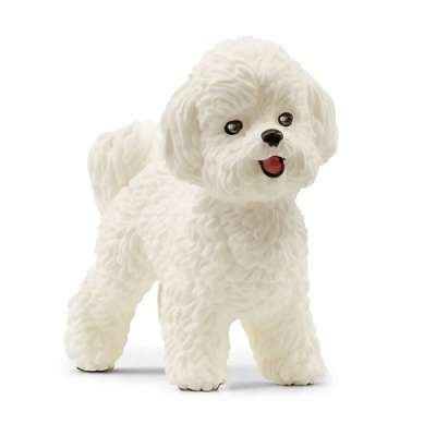 Figura decorativa de cão branco com pelo encaracolado e língua de fora
