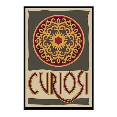Cartaz com círculo decorativo dourado e texto CURIOSI em letras grandes