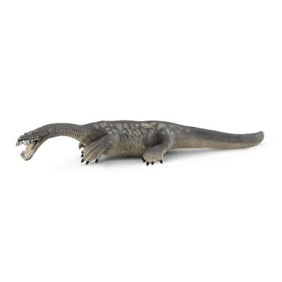 Figura de dinossauro de plástico cinza com textura rugosa e boca aberta