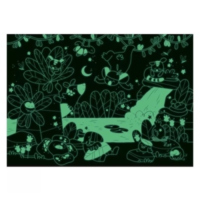 Desenho animado noturno com animais e flores verdes e pretos