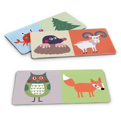 Cartões coloridos com desenhos de caranguejo, toupeira, bode, coruja e raposa