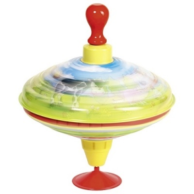 Pião de brinquedo colorido com pega vermelha e base vermelha