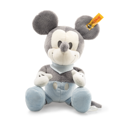 Peluche cinzento e azul claro do Mickey Mouse sentado