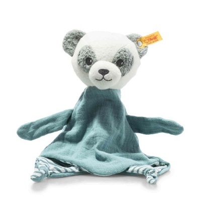 Peluche de panda com tecido azul e riscas brancas e azuis