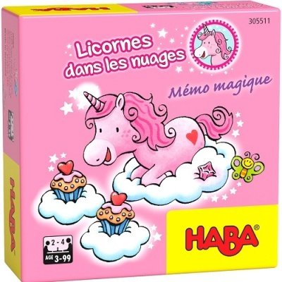 Caixa de jogo HABA rosa com unicórnio e cupcakes em nuvens