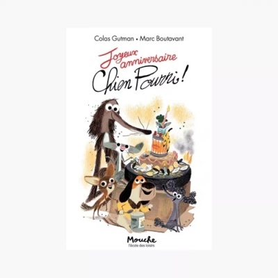 Capa de livro infantil com cães e bolo de aniversário