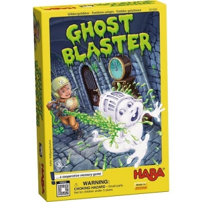 Caixa amarela do jogo de memória cooperativo Ghost Blaster com ilustração de personagem e fantasma em masmorra.
