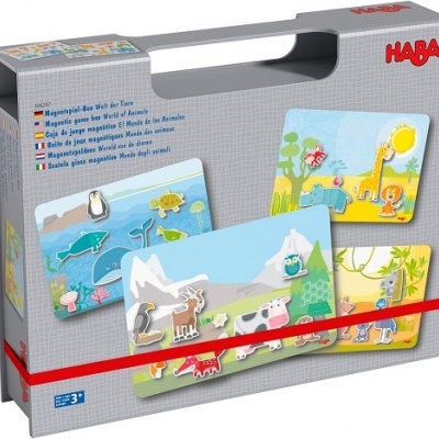 Caixa de jogo magnético HABA com peças de animais coloridas em paisagens