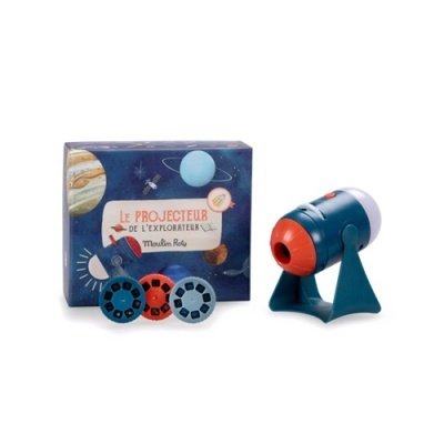 Projetor infantil azul e vermelho com discos e caixa temática do espaço