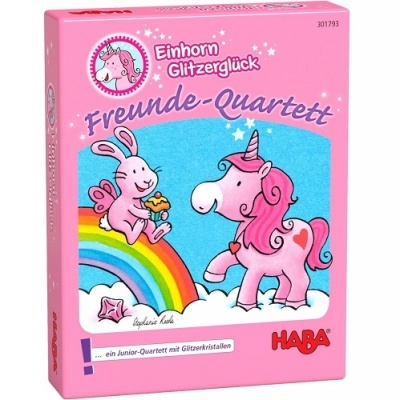 Caixa rosa de jogo de cartas com coelho, unicórnio, arco-íris e texto em alemão.