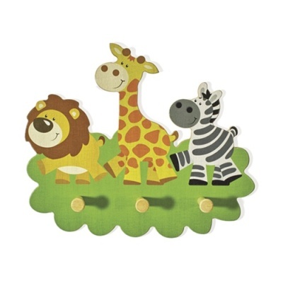 Cabide de parede infantil com animais leão, girafa e zebra em madeira colorida