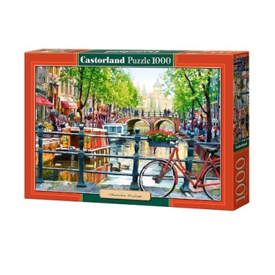 Caixa de quebra-cabeças Castorland Puzzle 1000 com imagem de canal com ponte, bicicleta vermelha e árvores