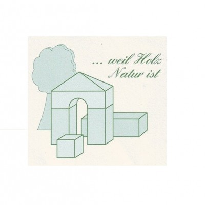 Blocos de madeira naturais com desenho de árvore e texto em alemão