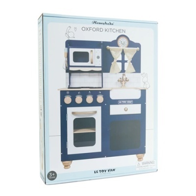 Brinquedo de cozinha em madeira azul e branco na embalagem