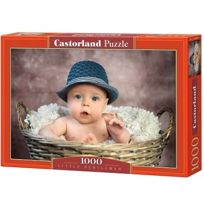 Quebra-cabeças bebé com chapéu azul numa cesta de vime com 1000 peças