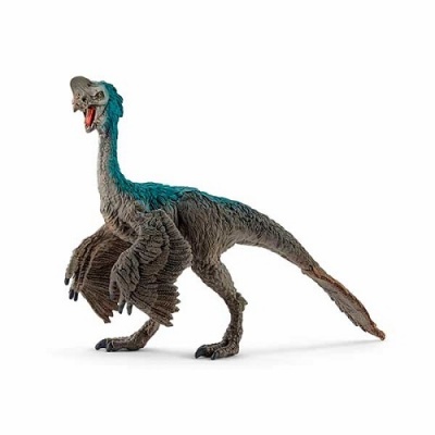 Figura de dinossauro emplumado cinzento com detalhes azuis