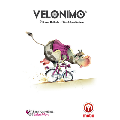 Cartaz branco com vaca a andar de bicicleta e textos do jogo Velonimo.