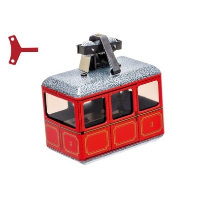 Brinquedo vintage de metal teleférico vermelho com janelas e chave de corda