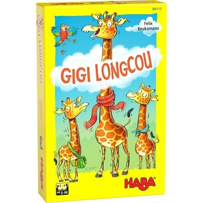 Caixa de jogo Gigi Longcou com três girafas desenhadas em fundo amarelo
