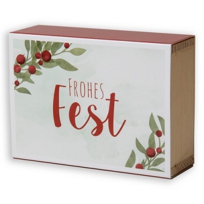 Caixa retangular com decoração de folhas e bagas vermelhas e texto 'FROHES Fest'