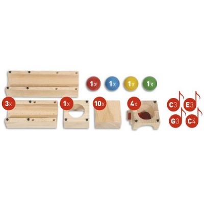 Peças de madeira para construção com esferas coloridas e etiquetas musicais