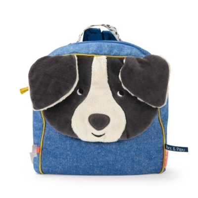 Mochila infantil azul com rosto de cão em tecido macio preto, branco e cinza na frente