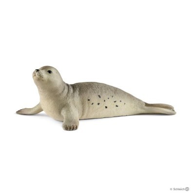Figura de foca cinzenta e bege com pontos pretos em fundo branco