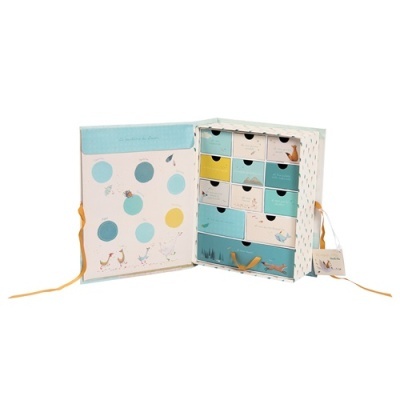 Caixa organizadora de papel com gavetas pequenas coloridas e decoração de patos