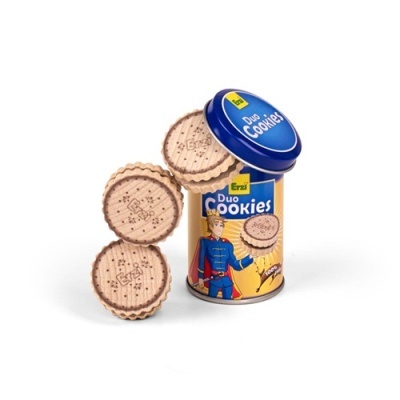 Embalagem cilíndrica de biscoitos Duo Cookies azul e amarela com biscoitos redondos de chocolate