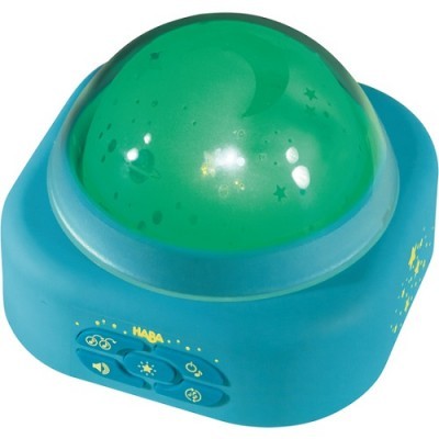 Projetor noturno com cúpula verde e base azul com botões