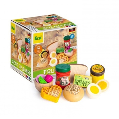 Brinquedo de pequeno-almoço em madeira com 12 peças e caixa colorida