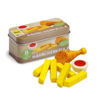 Conjunto de brinquedo de miniaturas alimentares com caixa metálica, batatas fritas de plástico, perna de frango e molho vermelho.
