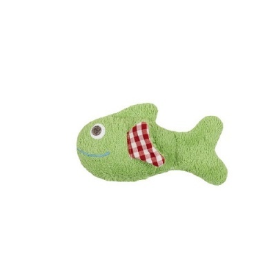 Brinquedo peixe tecido verde com asa xadrez vermelho e branco
