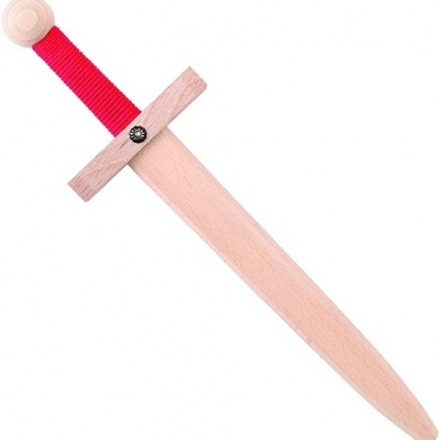 Espada de madeira com punho vermelho e lâmina natural