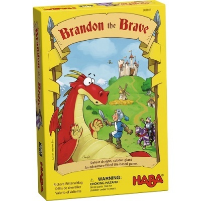 Caixa amarela do jogo Brandon the Brave com dragão vermelho e cavaleiros ilustrados