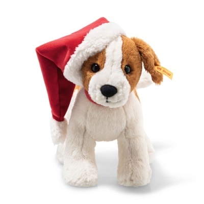 Pelúcia de cão com gorro de Natal vermelho e branco