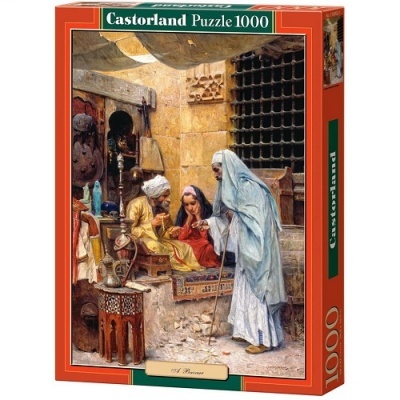 Caixa de puzzle Castorland 1000 peças com imagem de pintura histórica de três figuras vestidas com trajes tradicionais, num ambiente interior com móveis antigos.