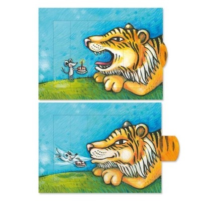 Ilustração de um tigre e um rato segurando um prato com queijo num fundo azul e verde num produto com aba