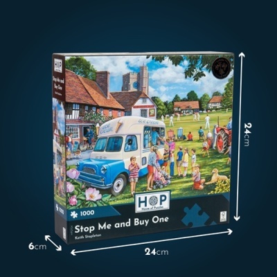 Caixa de puzzle HOP com cena de carrinha de gelados e campo de críquete
