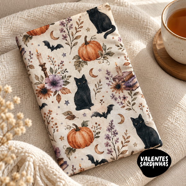 Capa Livro Impermeável | Spooky Season Capa de tecido com padrão de gatos pretos e elementos outonais ao lado de chávena de chá
