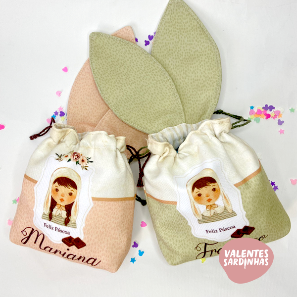 Saco Coelhinho'23 Sacos de tecido para Páscoa rosa e verde com desenhos infantis e texto personalizado
